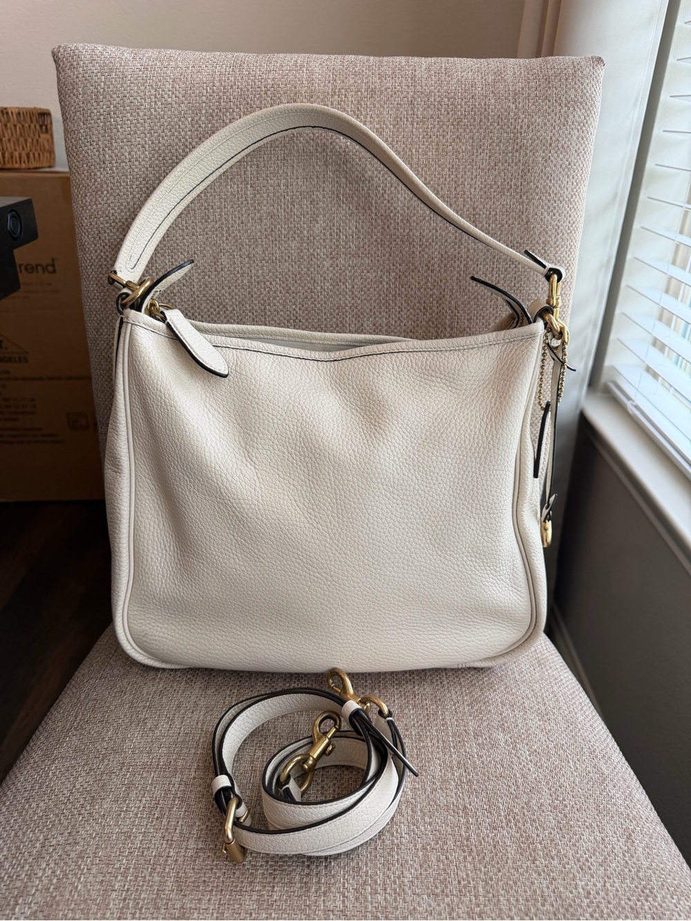 Coach Cary Cream Pebbled Leather Shoulder Bag with Removable Straps in Chalk